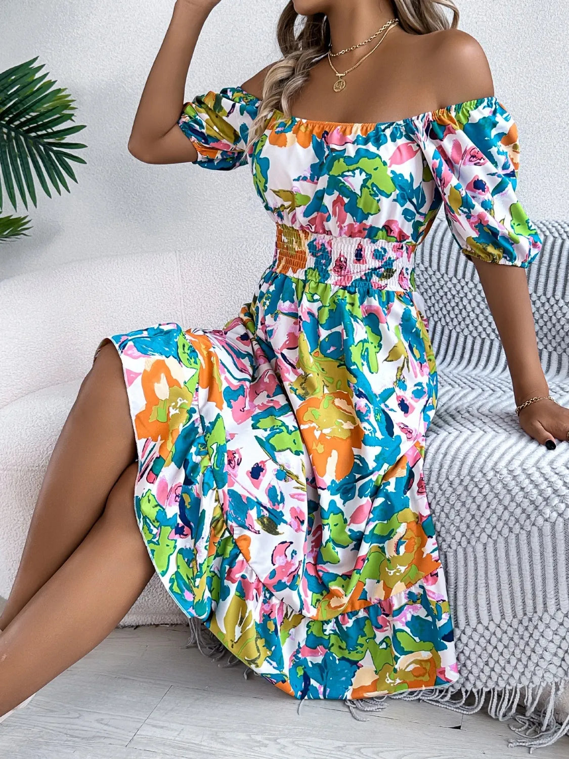 Ruffled Hem Smocked Floral Short Sleeve Midi Dress - kinko
