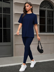Three Piece Set, Round Neck Short Sleeved Top And Shorts And Pants Set, Sports And Casual Clothing - kinko