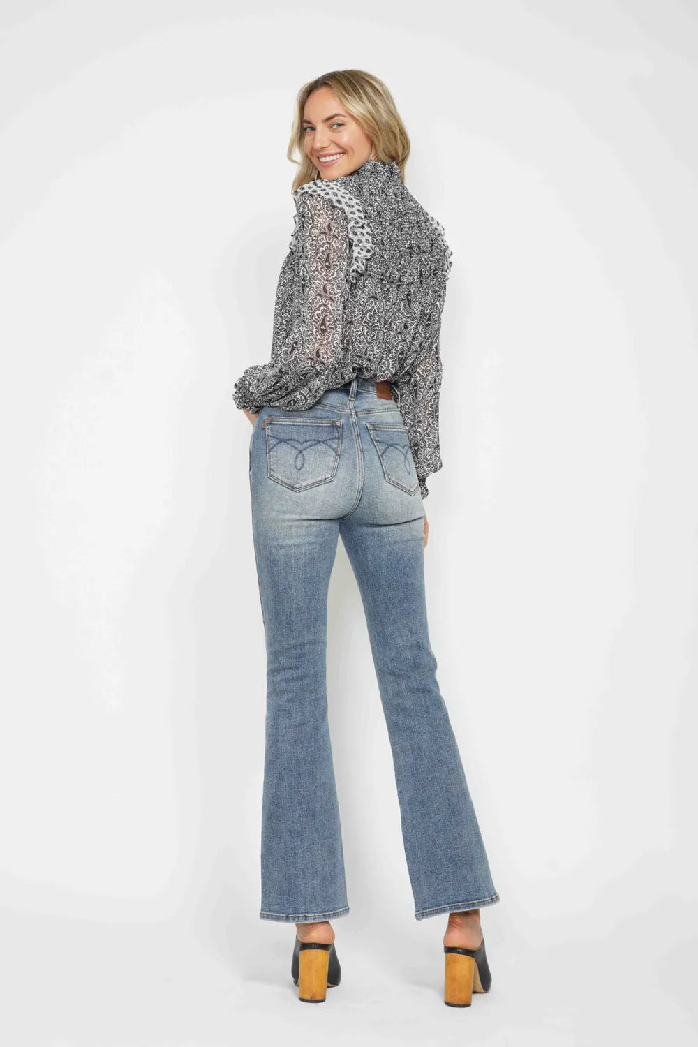 Judy Blue Full Size Tummy Control Back Embroidered Pocketed Bootcut Jeans Plus Size - kinko