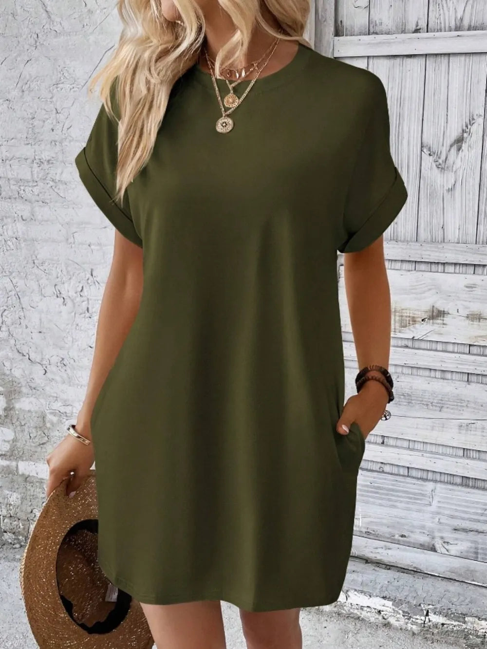 Pocketed Round Neck Short Sleeve Dress - kinko