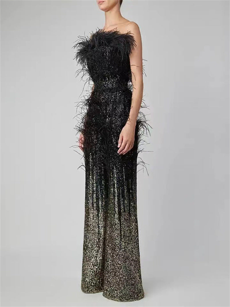 Ostrich Feather Gradient Sequin Tube Top Jumpsuit - kinko