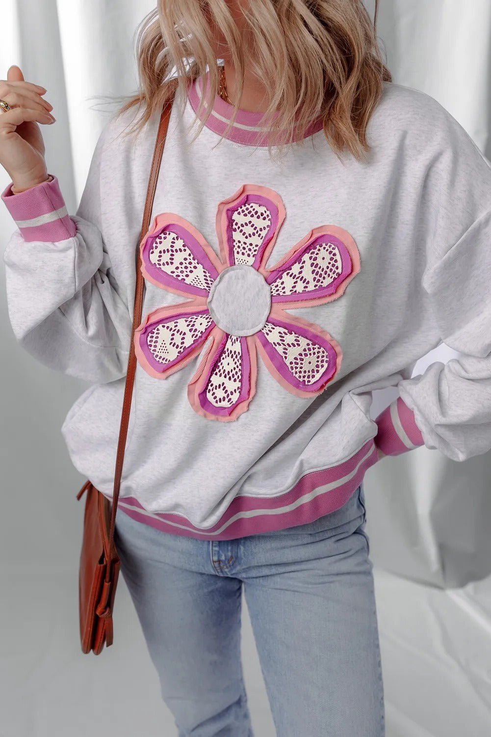 Gray Flower Patch Contrast Trim Crew Neck Sweatshirt - kinko