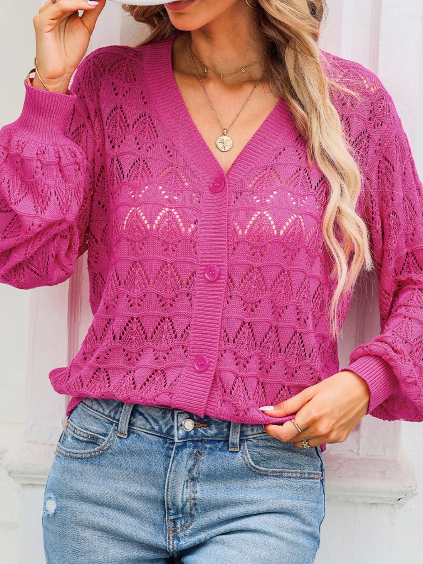 Buttoned Front Openwork Cardigan - kinko