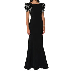 Round Neck Petal Sleeve Fishtail Skirt Dress - kinko