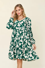 Double Take Full Size Printed Ruffle Hem Dress with Pocket - kinko