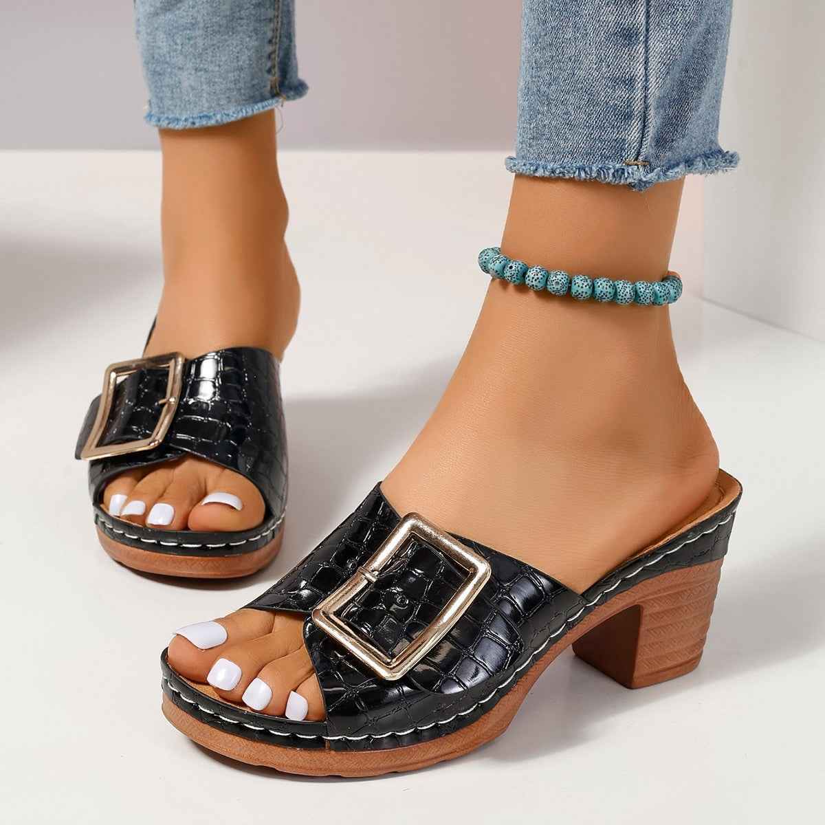 Thick Heel V Cut Peep Toe Slippers Women Summer Ankle Strap High Heel Sandals - kinko Global Holdings inc