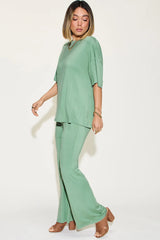Basic Bae Full Size Bamboo Drop Shoulder T-Shirt and Flare Pants Set - kinko