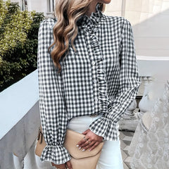 Women's French Style Checkered Button-Up Shirt - Elegant Plaid Pattern, Stand Collar With Ruffled Cuffs, Comfortable Wear - kinko