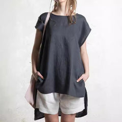Round Neck Front Short Back Long Short Sleeve Top For Women - kinko