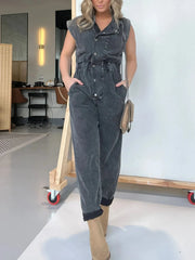 Full Size Button Front Cap Sleeve Denim Jumpsuit Plus Size - kinko