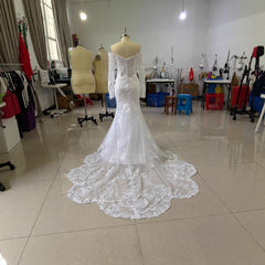 Off-shoulder Lace Long Sleeve Fishtail Gown - kinko