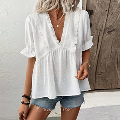 Women's Cut Flower Fur Ball Short-sleeved Lace Shirt - kinko