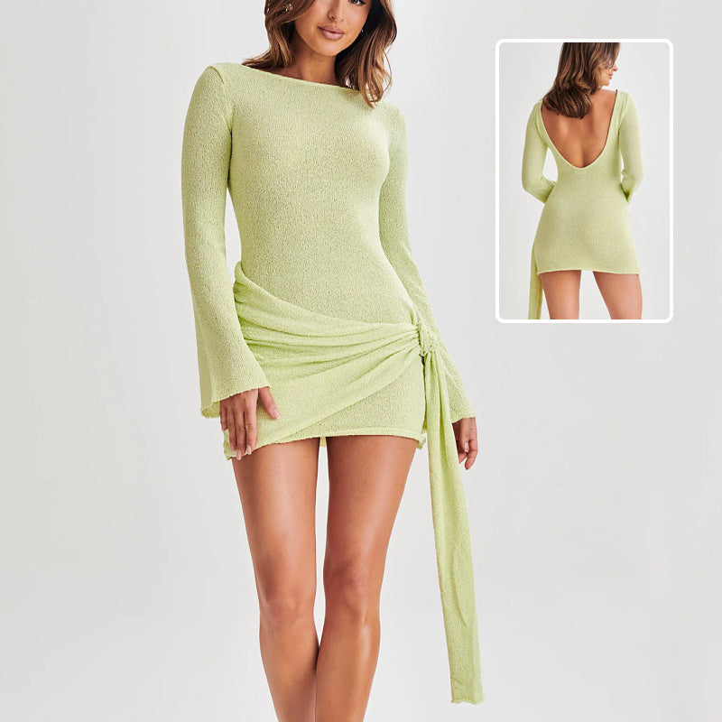Fashion Slim Long-sleeved Dress Y2K Sexy Hip-hugging V-shaped Backless Short Dresses Womens Clothing - kinko