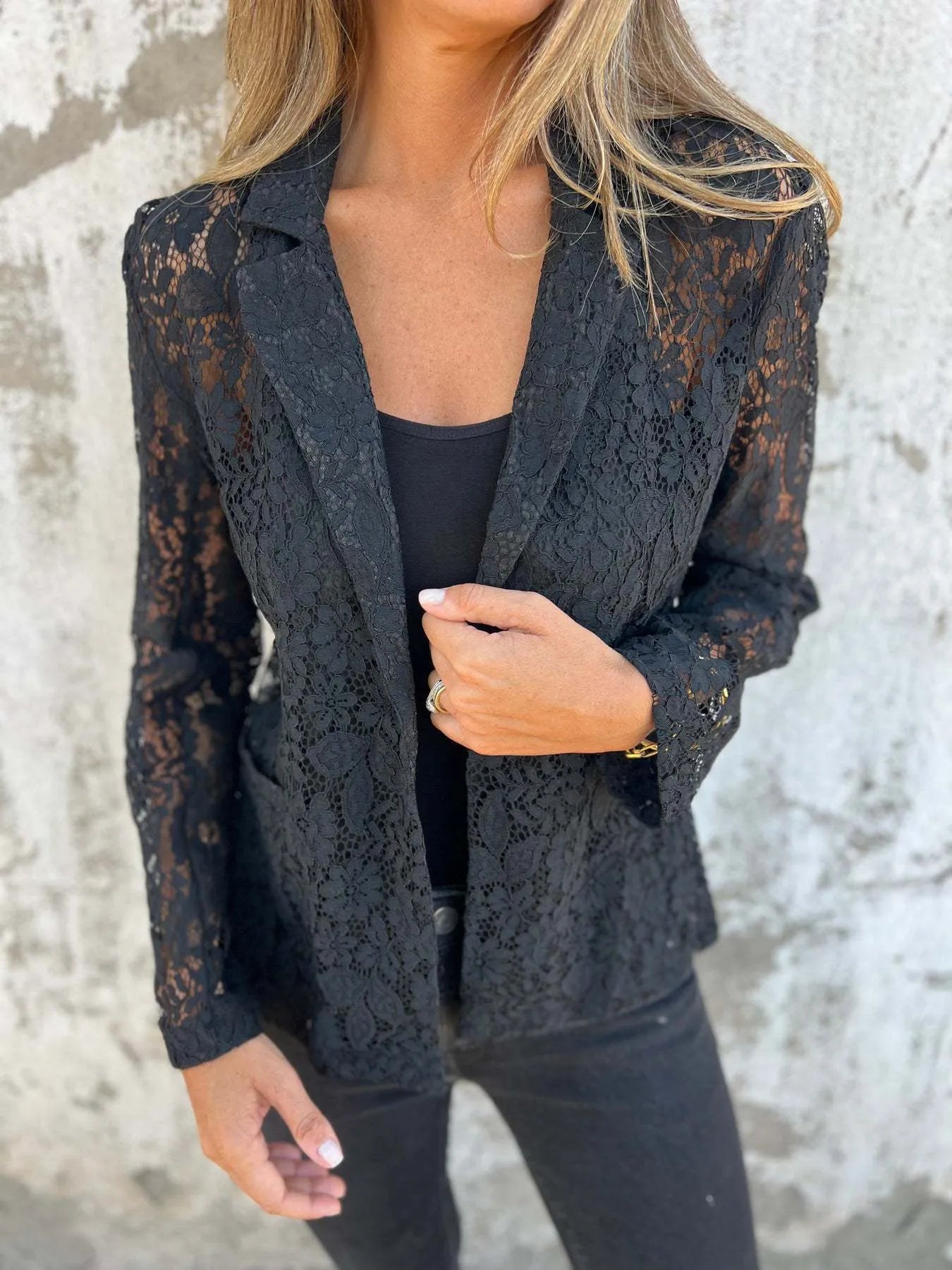Full Size Lace Open-Front Blazer Plus Size - kinko