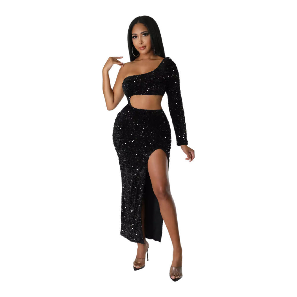 One-shoulder Fashionable Sequins Sexy Navel Split Hip Women's Clothing Dress - kinko