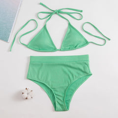 Shencai Sexy einfarbiger Neckholder-Bikini mit Schnürung und hohem Bund