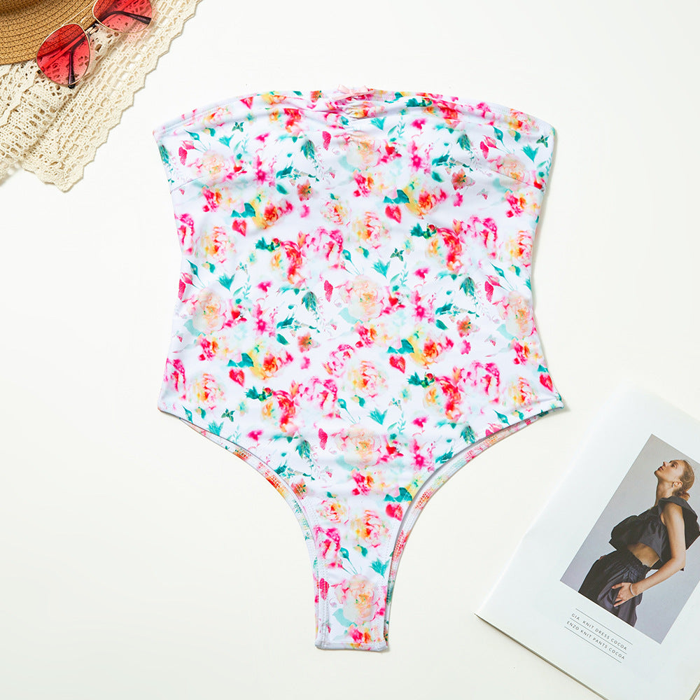 Tube Top Bow Floral Print One Piece Swimsuit Women Sexy Tight Swimsuit - kinko Global Holdings inc