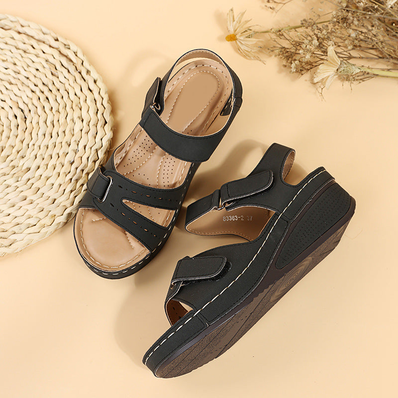 Southeast Asia plus Size Velcro Platform Sandals Women Hollow Out Cutout-out Wedge Stitching Beach Slippers - kinko Global Holdings inc