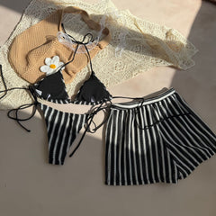 Sexy Lace up Striped Three Piece Swimsuit Bikini - kinko Global Holdings inc