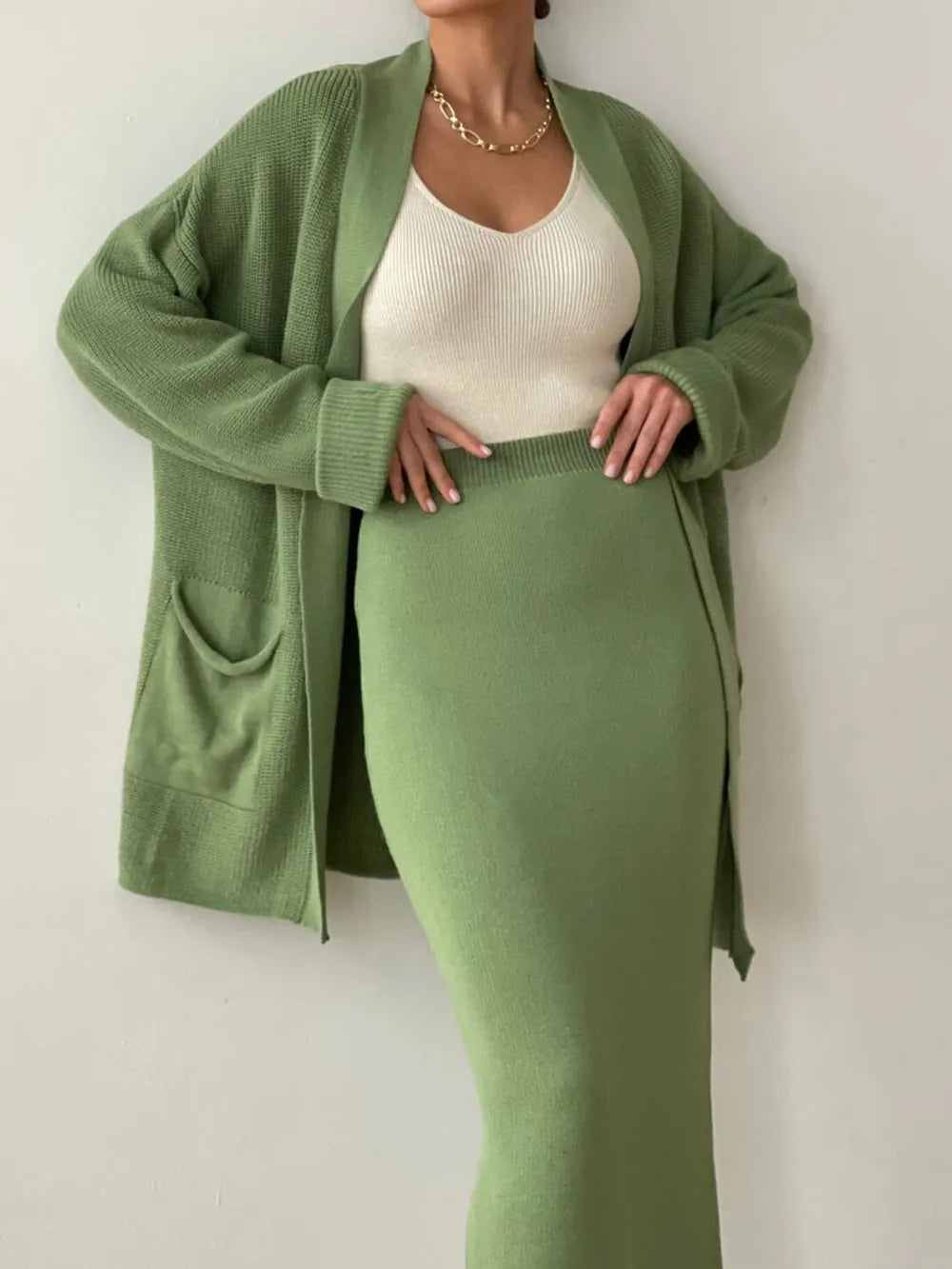 Pocketed Long Sleeve Cardigan and Skirt Sweater Set - kinko