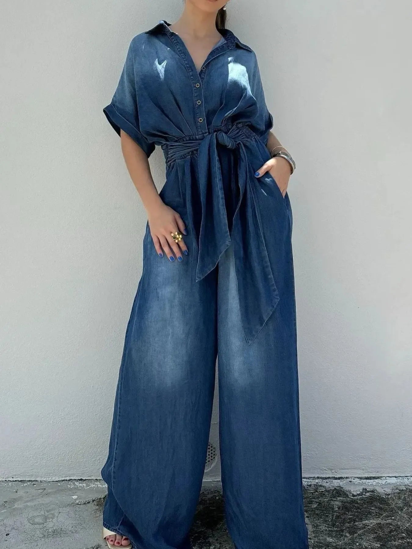 Button Front Wide Leg Denim Jumpsuit - kinko