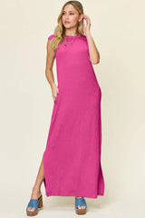 Double Take Full Size Texture Mock Neck Sleeveless Maxi Dress - kinko