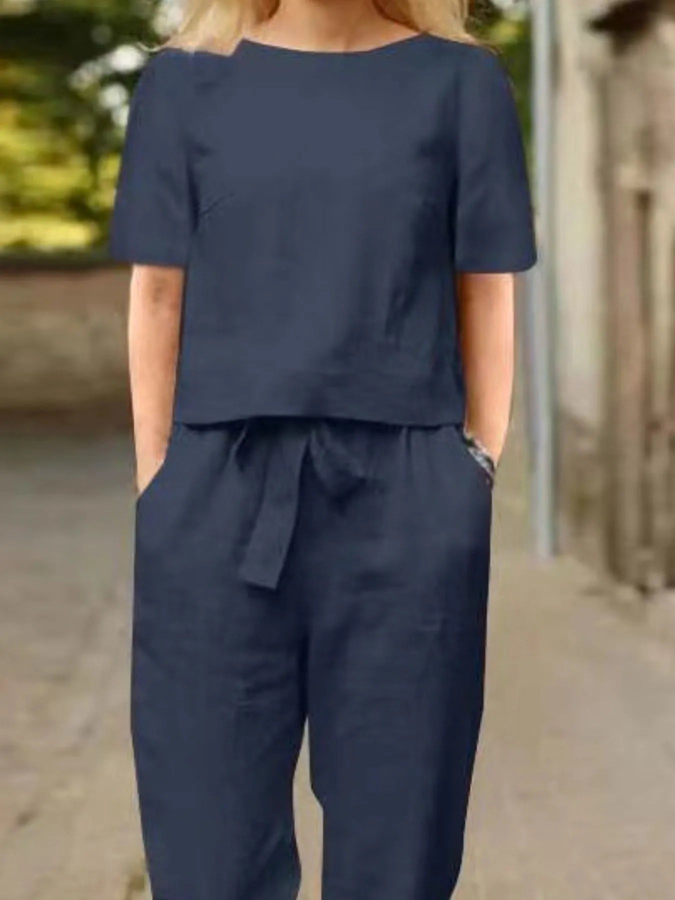 Full Size Round Neck Short Sleeve Top and Pants Set Plus Size - kinko