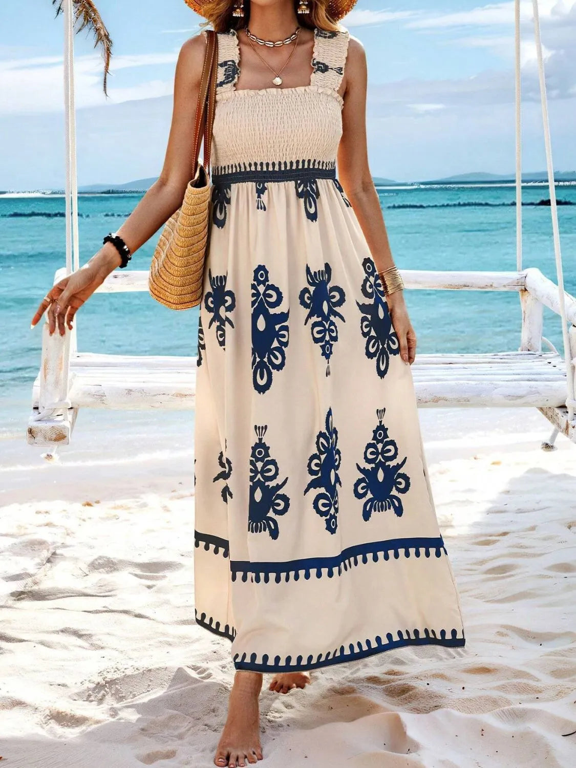 Smocked Printed Wide Strap Maxi Dress - kinko