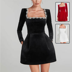 Elegant Square Neck Long-sleeved Dress With Flowers Rhinestone Design Fashion A-line Short Dresses Spring Clothing For Women - kinko