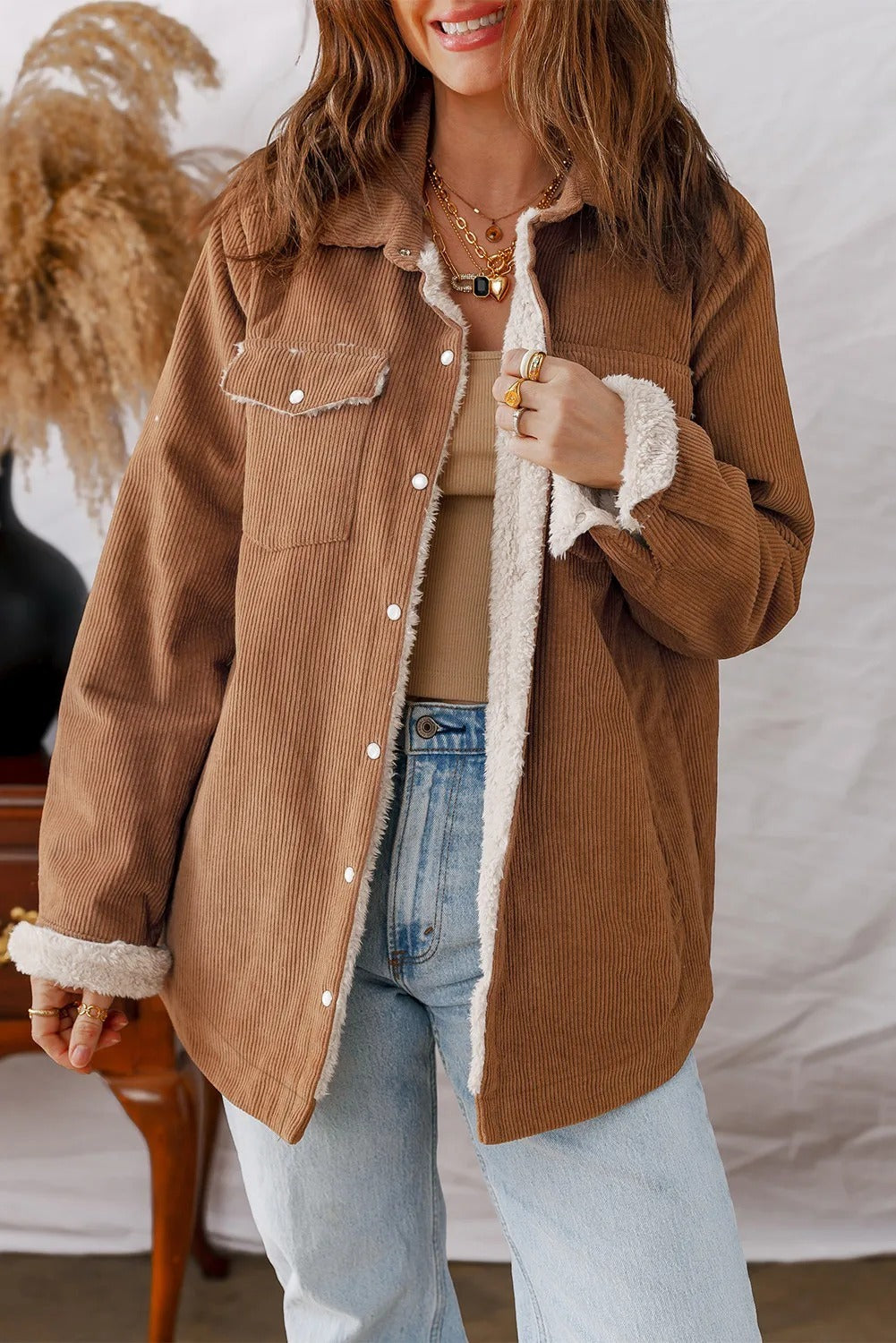 Cinnamon Fleece Lined Buttoned Flap Pockets Corduroy Jacket - kinko