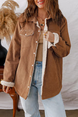 Cinnamon Fleece Lined Buttoned Flap Pockets Corduroy Jacket - kinko