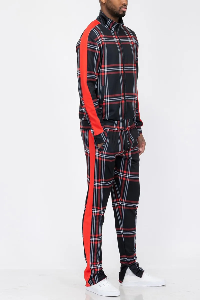 WEIV Men's Full Size Plaid Checkered Zip Up Track Jacket and Pants Set Plus Size - kinko