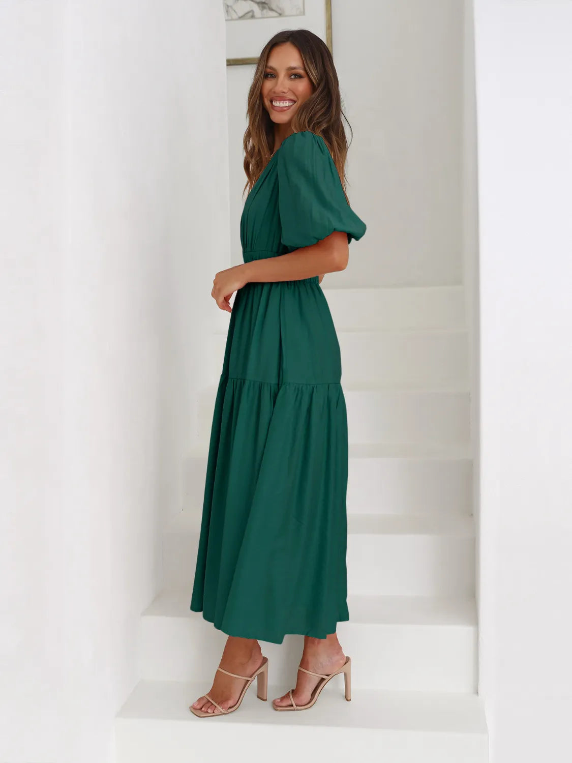 Tiered Surplice Half Sleeve Midi Dress - kinko