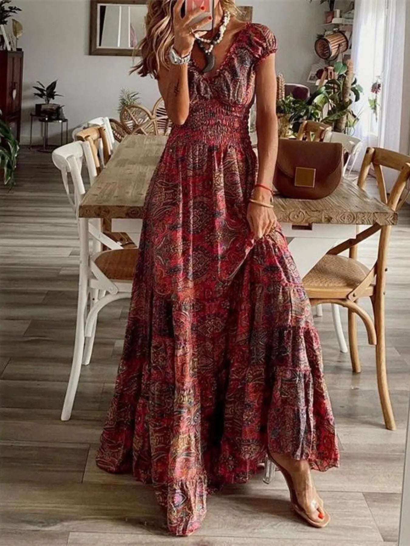 Full Size Paisley Print Cap Sleeve Maxi Dress Plus Size - kinko