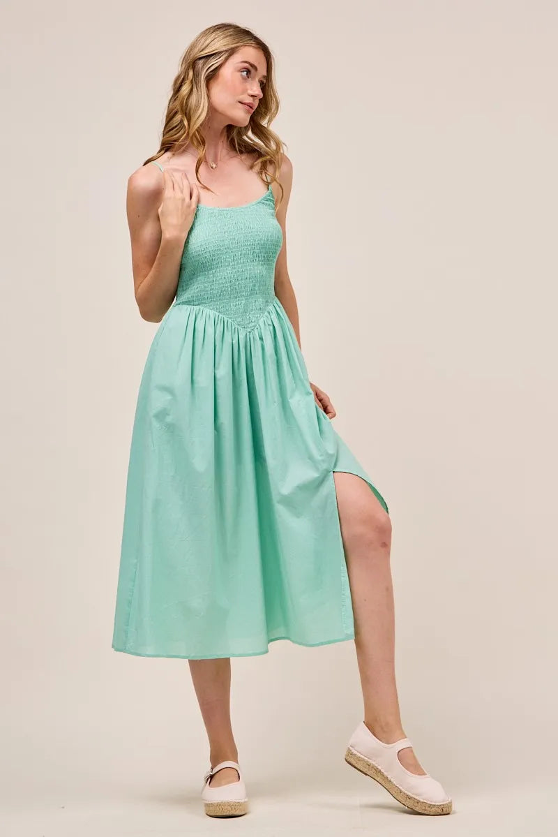 SO ME Smocked Sleeveless Casual Everyday Dress With Slit - kinko