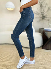 Judy Blue Full Size Mid Waist Distressed Slim Jeans - kinko