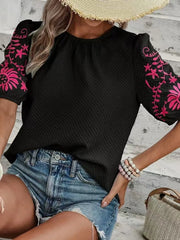 Embroidered Round Neck Short Sleeve Blouse - kinko