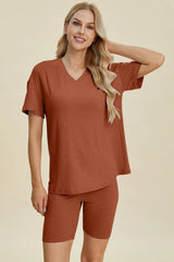 Basic Bae Full Size Ribbed V-Neck Short Sleeve Top and Shorts Set - kinko
