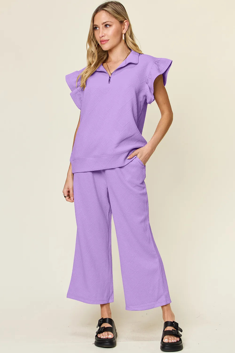 Double Take Texture Ruffle Short Sleeve Top and Drawstring Wide Leg Pants Set - kinko