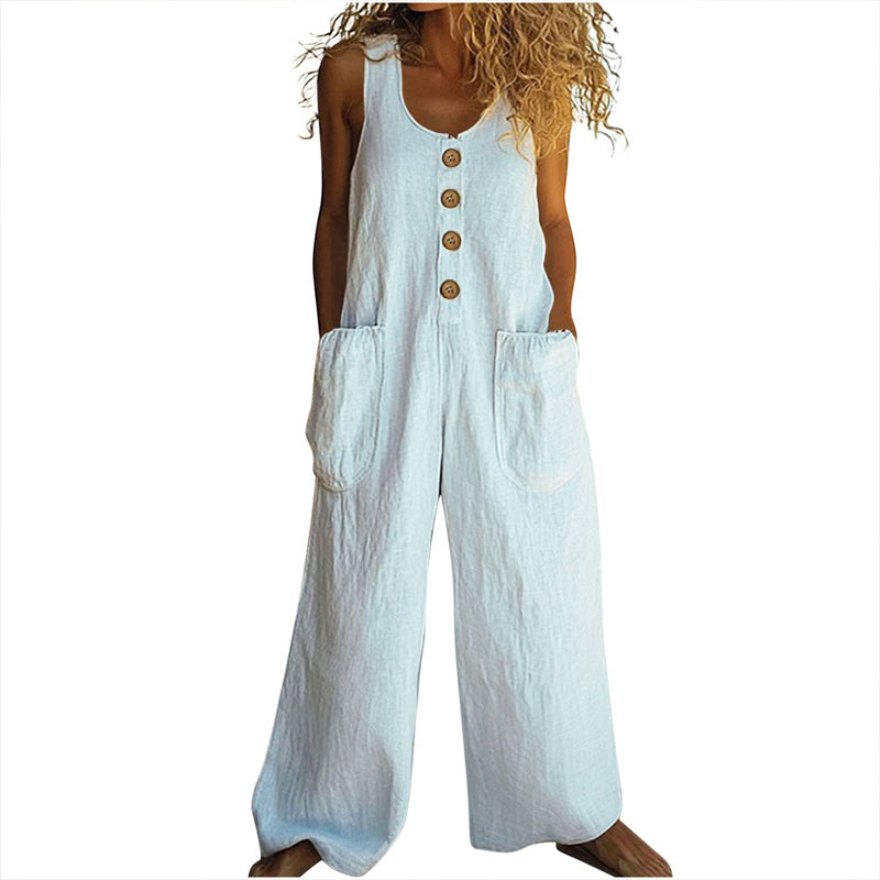 Women's Elegant Wide-Leg Jumpsuit - Button Front Formal & Casual Romper, Lightweight Wear - kinko