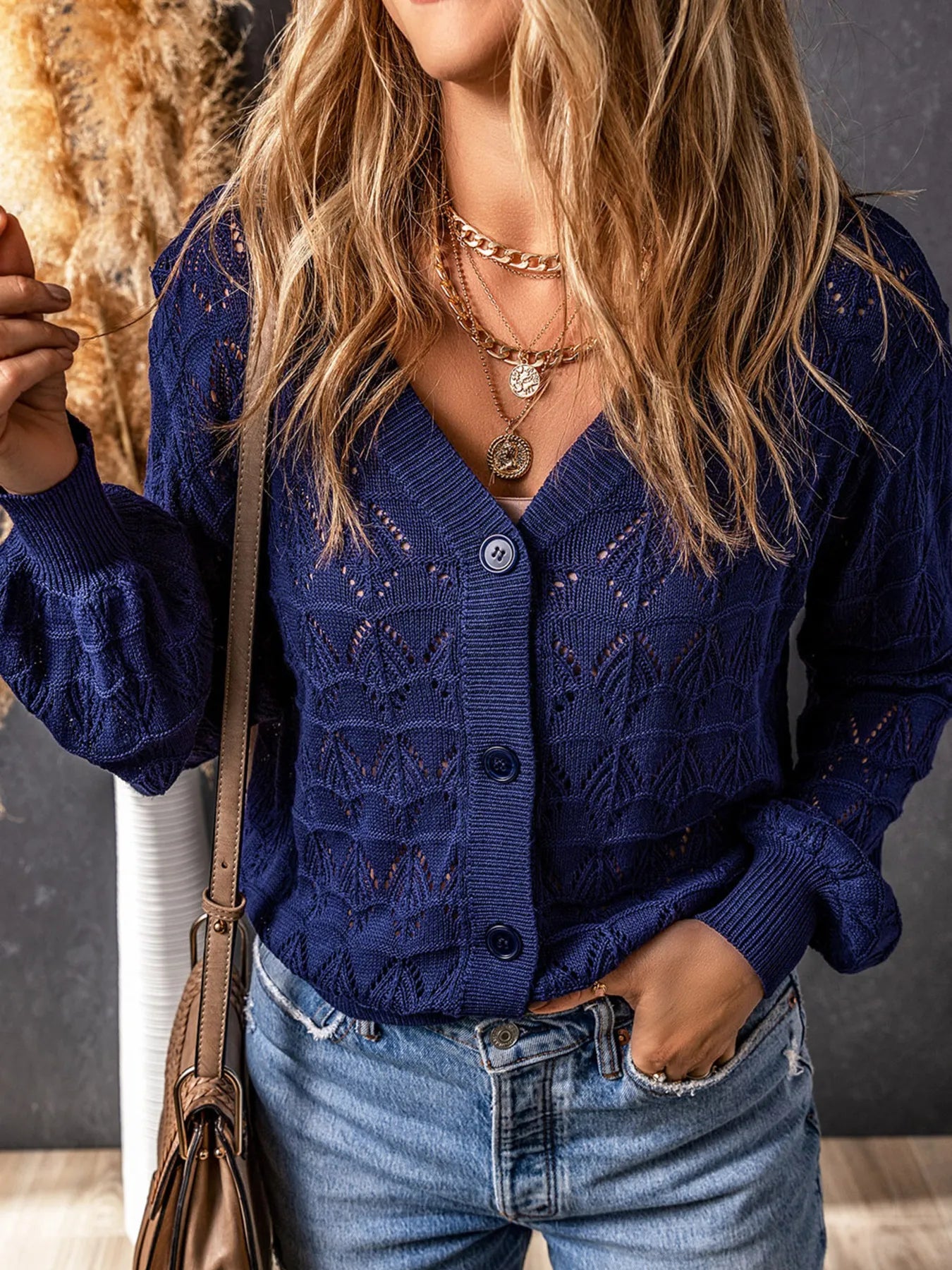 Buttoned Front Openwork Cardigan - kinko