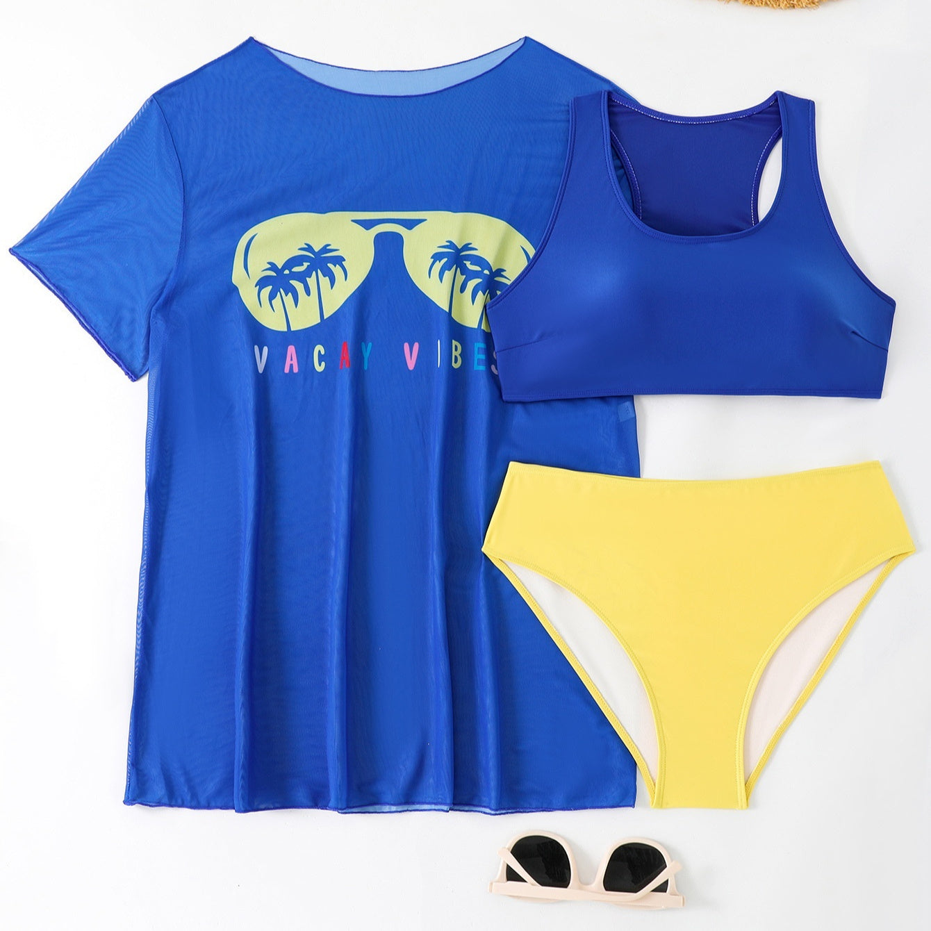 New Swimwear Mesh See-through Blouse Plus Size Swimsuit Bikini Three-piece Set - kinko