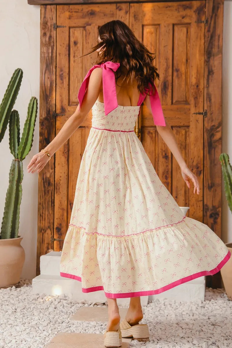 SO ME Ribbon Flowy Maxi Dress with Contrast Trim - kinko