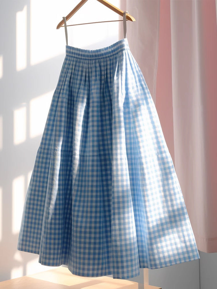 Women's Versatile French High Waisted A-line Plaid Linen Skirt - kinko