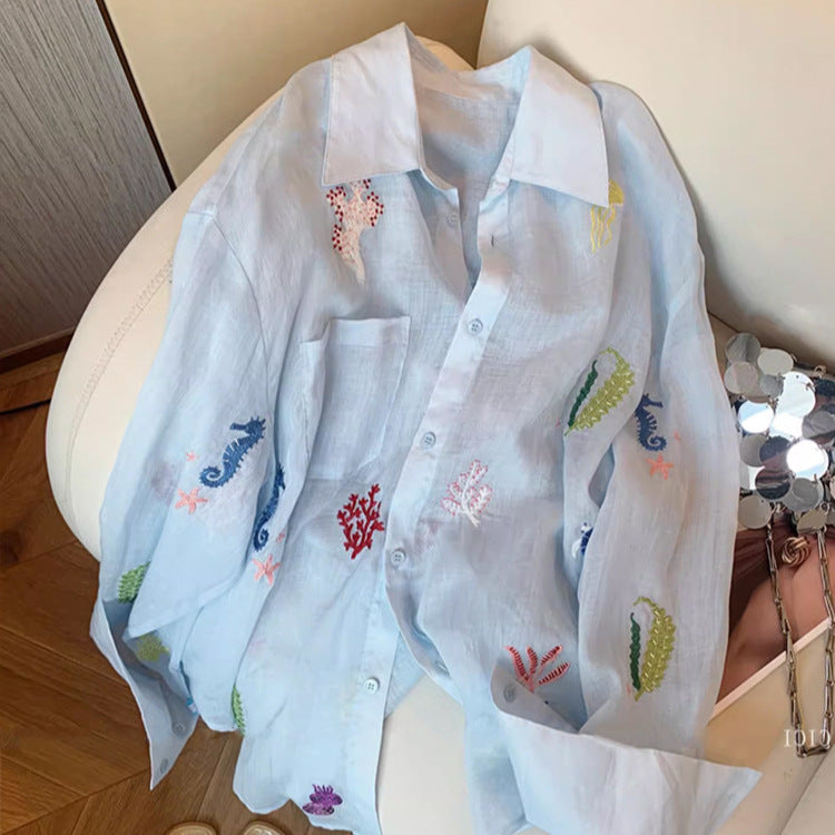 Floral Embroidered Women's Sun Protection Shirt - kinko
