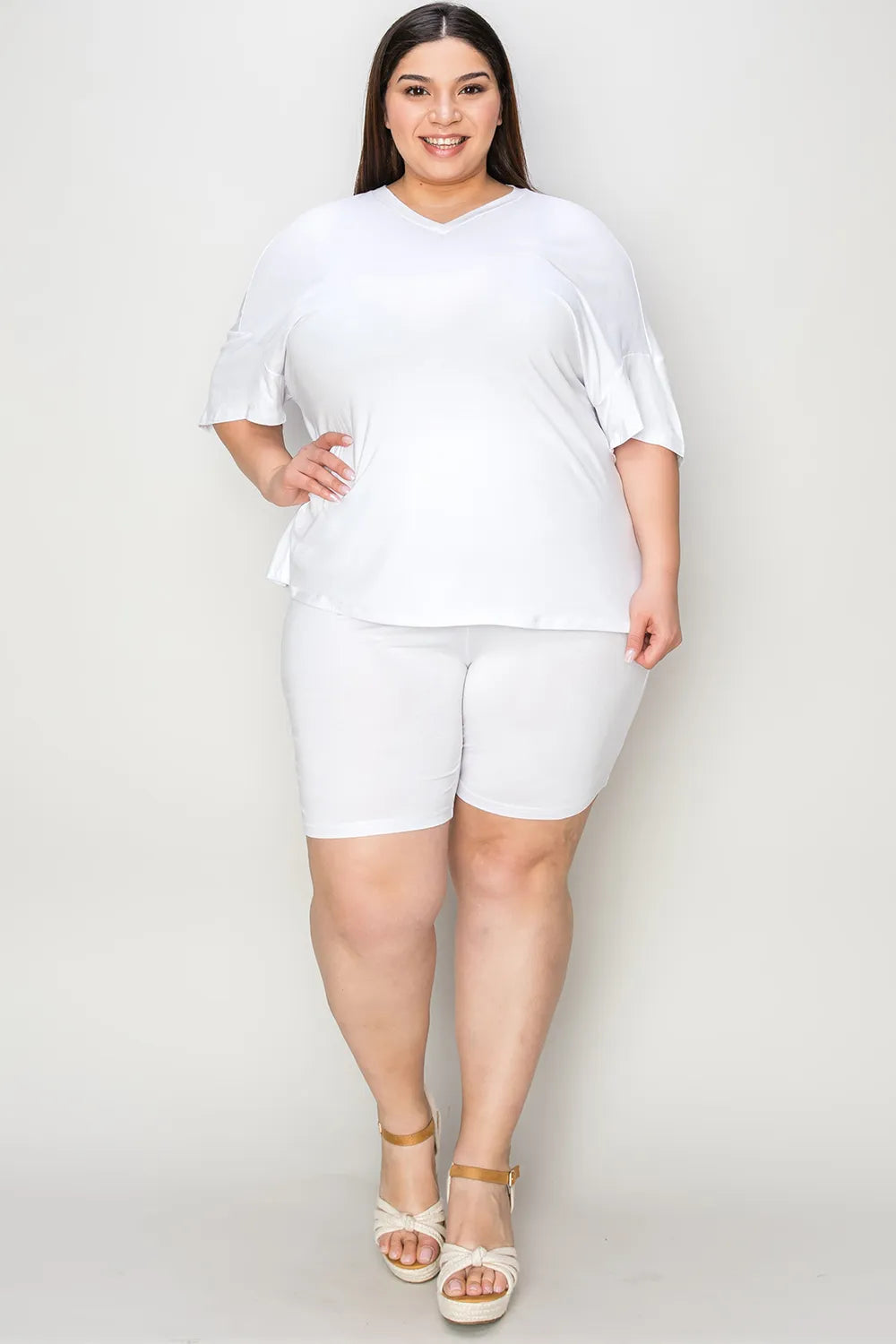 Basic Bae Bamboo Full Size V-Neck Drop Shoulder T-Shirt and Shorts Set - kinko