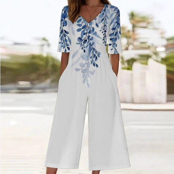 Spring And Summer Print Women's Pocket Collar Jumpsuit - kinko