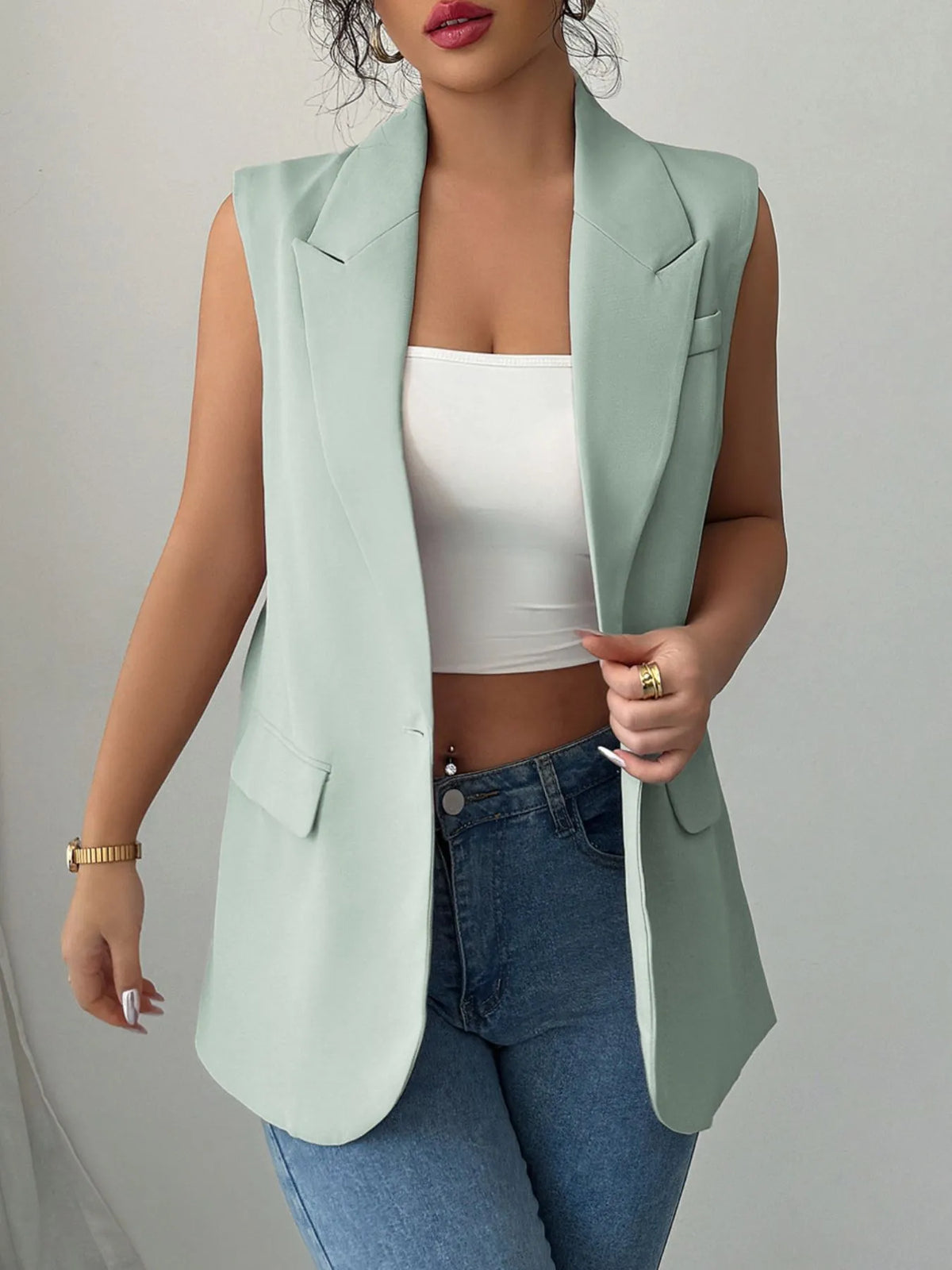 One Button Sleeveless Blazer - kinko
