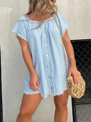 Full Size Raw Hem Mini Denim Dress Plus Size - kinko