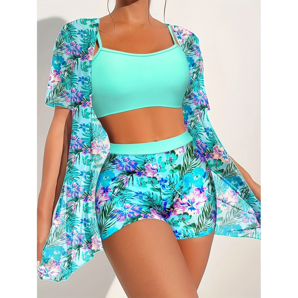 Local WarehouseFashionable Printed Slimming High Waisted Bikini Three Set Beach Vacation Sunscreen Swimsuit - kinko